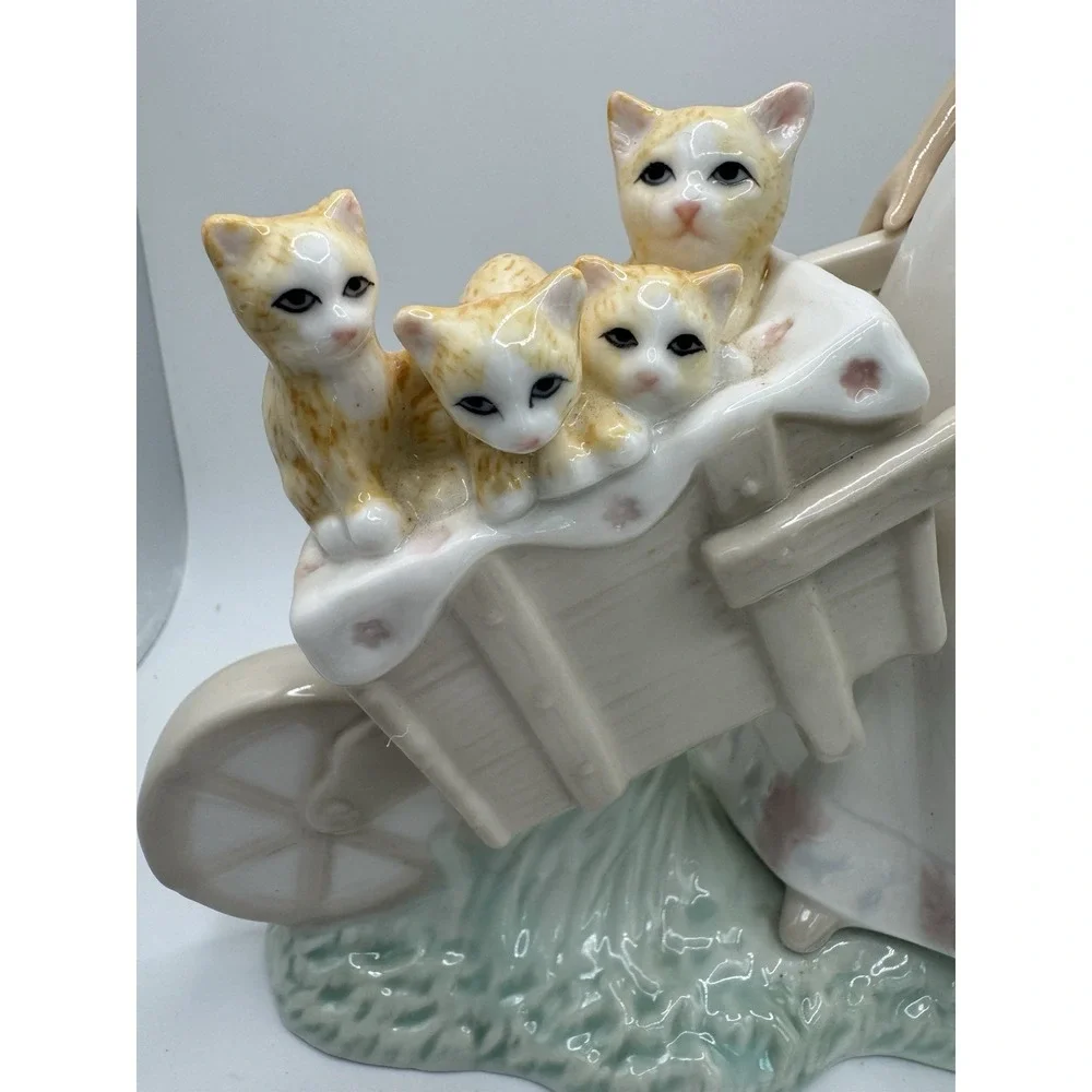 Porcelain Young Woman Girl Wheel Barrel of Kittens Cats 9